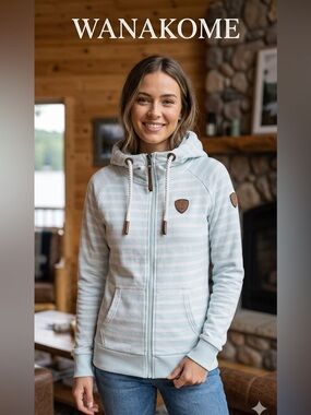 Wanakome Light Blue and White Striped Zip-Up Hoodie